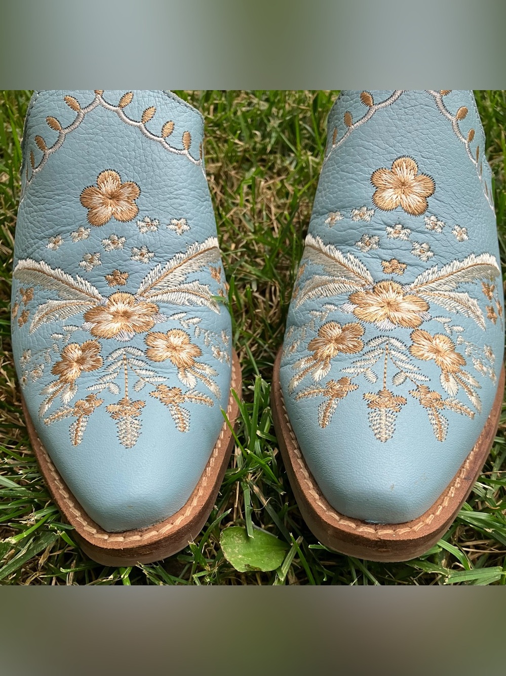 NWOT Dingo Primrose Lt Blue Leather Bootie Mules Cream Brown Floral Embroidery